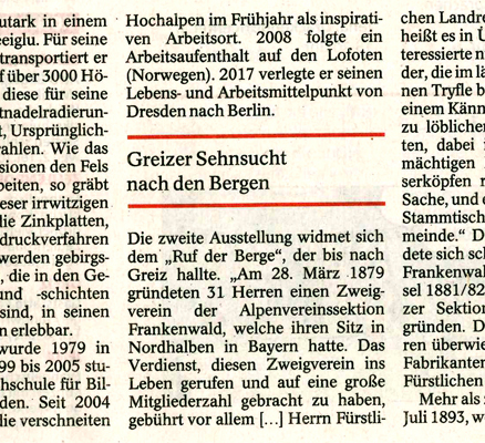 Zeitungsartikel "Greizer Museum feiert die Alpen mit zwei Ausstellungen", OTZ 29.05.2019